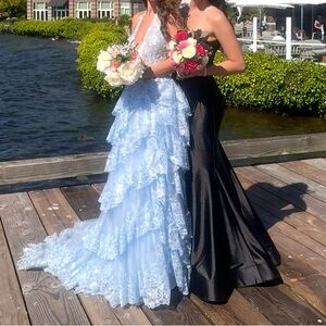 Light Blue Lace Tiered Prom Gown with Halter Neck